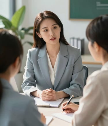 A professional and supportive female consultant in a modern office, wearing a smart outfit in #4F7F8F tones, talking to a student and parent. The atmosphere is clean and trustworthy, with soft sunlight and brand colors like #0A362B in the background decor.