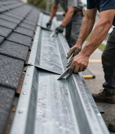 A close-up photograph of high-quality roofing materials being expertly installed by a skilled team. The focus is on the durability and clean lines of the construction. Steel gray tones and architectural composition. North American / NYC.