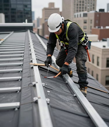 A professional roofing technician in safety gear performing a detailed structural inspection of a commercial building roof in New York City. The composition is architectural and focused on precision, using a palette of charcoal black and steel gray with sharp, clear lighting. North American / NYC setting.