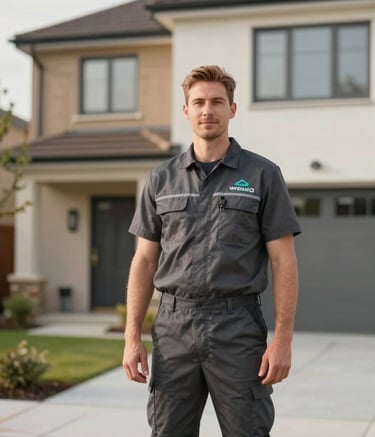 A wide shot of a professional handyman standing confidently in front of a modern Wrexham home. He is wearing a clean charcoal work uniform with a subtle teal logo. The atmosphere is bright, approachable, and professional, using a soft morning light.