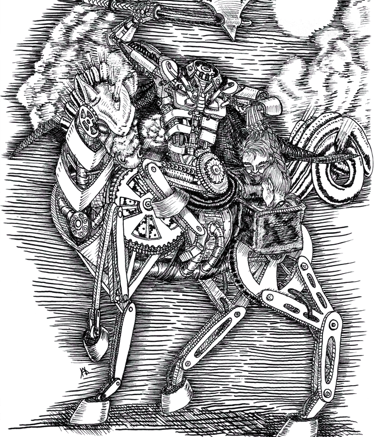 black and white pen and ink illustration Steampunk Headless Horseman Character roleplaying mechanical