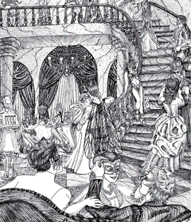 black and white pen and ink illustration Steampunk Victorian masquerade dance party narrative character
