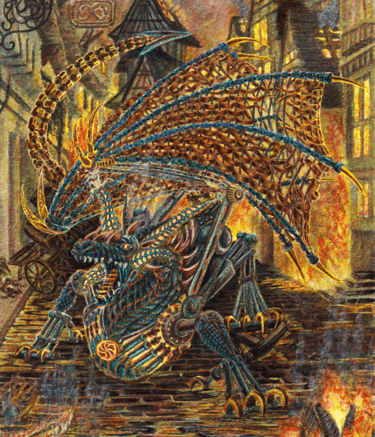 Color ink pencil illustration narrative mechanical dragon roleplaying fantasy