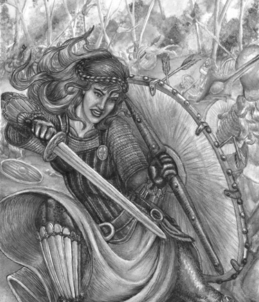black and white illustration back cover Viking Shieldmaiden battle