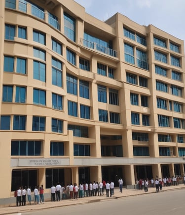 A medical college campus bustling with students in white coats.