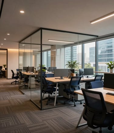 A wide-angle shot of a modern tech office in a South Asian metropolitan city. The space features sleek glass partitions, dark blue ergonomic furniture, and warm ambient lighting, conveying a professional and innovative atmosphere.