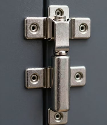 A detailed close-up of a high-security door hinge and locking mechanism, showcasing heavy-duty steel silver construction and precise engineering. The lighting is sharp and professional, highlighting the metallic texture and robust build quality against a deep slate grey background.