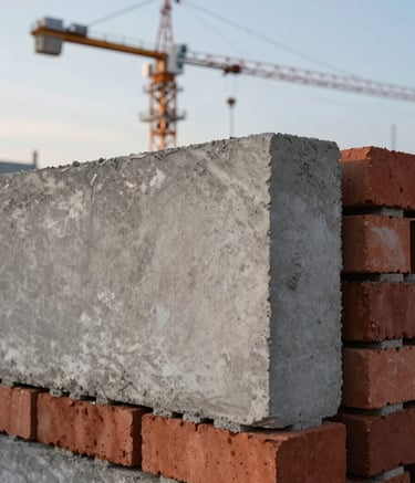 A close-up photograph showing the texture of high-quality construction materials: gray concrete and red bricks, neatly stacked. The background features a blurred silhouette of a crane against a clear Turkish morning sky, conveying industry and progress in a clean, Apple-inspired style.
