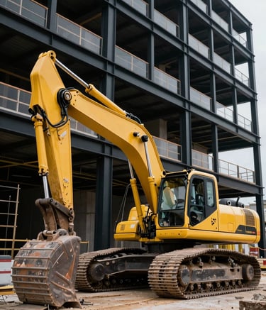 A low-angle, premium architectural photograph of a modern construction site in Turkey. A vivid yellow excavator is positioned with precision against a deep black structural frame. The lighting is cinematic, highlighting the clean engineering and professional atmosphere of a high-end project.