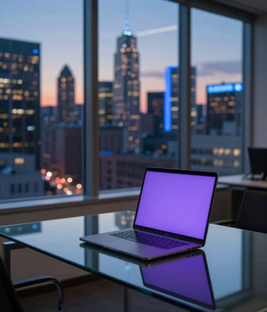 A high-end, professional office setting in a North American tech hub at twilight. A glass-top desk holds a sleek laptop, reflecting soft purple ambient light. In the background, floor-to-ceiling windows overlook a city skyline with deep navy shadows and electric blue street lights.