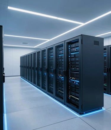 A wide-angle photography shot of a futuristic data center interior with electric blue lighting strips along the floor and ceiling. The environment is minimalist and clean, showing rows of deep navy server cabinets in a sophisticated US facility.