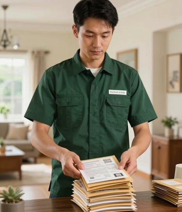 A responsible house sitter in a matte forest green uniform shirt, standing in a bright foyer, neatly collecting and organizing a stack of mail. The atmosphere is professional and serene, with a warm, welcoming home interior behind them.