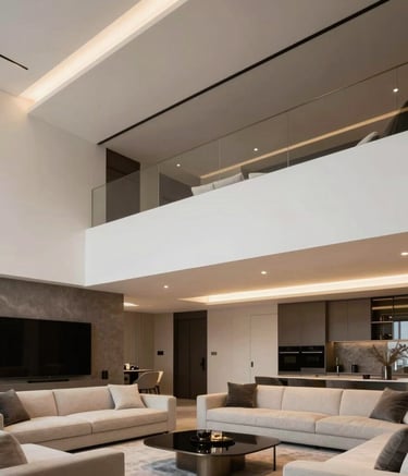 Professional photography of a luxurious Turkish living room featuring a modern multi-level white-ish suspended ceiling. The lighting is warm and indirect, emphasizing the smooth textures and clean lines against silver and charcoal interior elements.