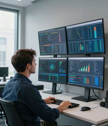 An over-the-shoulder shot of a professional in a modern North American office, looking at a wall of high-resolution monitors displaying complex data. The room is sleek and filled with natural light, featuring light gray walls and dark blue accents. The style is sophisticated and modern.