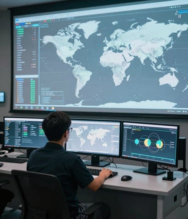 Wide shot of a modern, high-tech control center. A professional analyst sits before multiple glowing monitors showing global maps and data streams in pale mist and dusty sky blue colors. The atmosphere is quiet, secure, and highly efficient.
