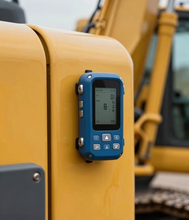 Close-up photography of a rugged GPS tracking device mounted on the side of a heavy-duty yellow construction excavator. The lighting is crisp, highlighting the industrial textures of the machine and the muted petrol blue accents of the technology.