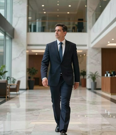 Wide-angle photography of a South American / Brazilian corporate lobby, high-end atmosphere with marble and glass, a professional security consultant in a tailored dark navy suit walking calmly, strategic foresight mood.