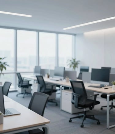 A wide shot of a clean, minimalist modern office interior with large windows and ergonomic furniture. The atmosphere is quiet, efficient, and professional. The color palette emphasizes #EBF2F7 and #3E5C76 for a sophisticated corporate look.