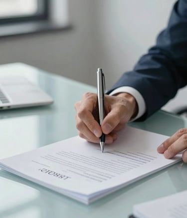 A close-up, high-detail photograph of a professional's hand signing a document with a sleek pen on a modern glass desk. The lighting is bright and corporate. The scene incorporates tones of #1F2A38 and #9FB8CC to reflect a modern, trustworthy business environment.