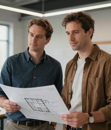 A professional portrait of two male experts in a modern architectural studio, one holding a technical building plan, dressed in professional casual attire, North American / US.