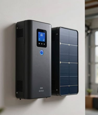 A technical close-up of a modern home energy management system with wall-mounted battery storage and sleek solar inverters in a clean garage setting, professional photography, North American / US.