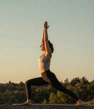 A serene North American outdoor setting where a person is engaged in a mindful yoga stretch during golden hour. The lighting is warm and soft, reflecting a sense of empowerment and health. The background features muted forest green foliage and a clear, pale sage sky, emphasizing a holistic and natural atmosphere.