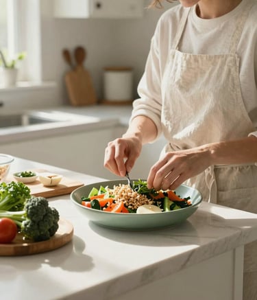 A bright, airy North American kitchen featuring a person happily preparing a vibrant, gluten-free meal with fresh vegetables. The scene is lit with natural morning sunlight, using a palette of off-white and pale sage to create a trustworthy and calm environment for healthy living.