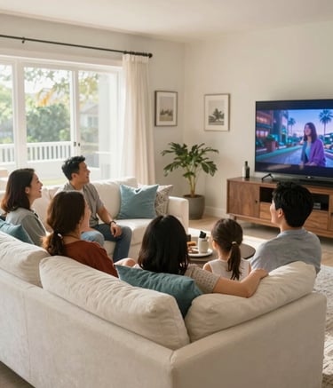 A happy, multi-generational family gathered on a large, soft off-white sectional sofa in a sunlit North American / US living room. They are laughing while watching a movie together on a large screen. The lighting is warm and wholesome, with decorative pillows in muted steel blue and light aqua.