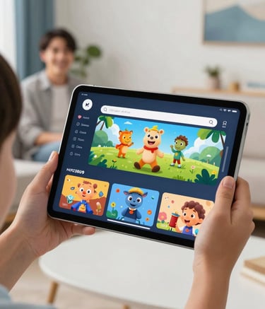 A close-up photograph of a bright, user-friendly streaming interface on a tablet held by a child's hands in a modern North American / US home. The screen shows colorful, wholesome animated characters. In the soft-focus background, a parent is seen smiling. The room features soft off-white walls and muted steel blue accents.