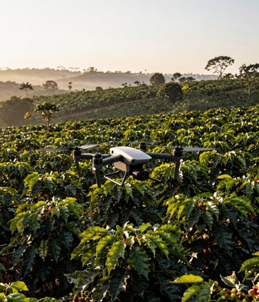 A wide-angle professional photograph of a XAG P150 drone operating over a vast coffee plantation in Araxá, Minas Gerais. The scene is captured during the golden hour, with deep forest green leaves and a clean mist white horizon.