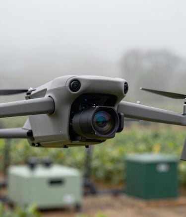 A close-up photograph of a DJI Mavic 3M drone showing its multispectral lenses in detail. The lighting is soft and natural, reflecting a mist white sky. The background is a blurred, high-tech agricultural workshop with hints of sage green and deep forest green equipment.