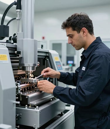 A technical expert wearing a Dark Navy uniform meticulously inspecting a high-tech industrial packaging machine in a clean, modern Dubai facility. The lighting is bright and professional, highlighting the Silver Grey metallic surfaces of the state-of-the-art equipment.