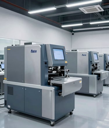 A wide-angle professional photograph of a modern industrial showroom in Dubai featuring multiple Silver Grey and Slate Blue packaging machines. The environment is pristine and reflects the innovative spirit of Aziz Equipment LLC.