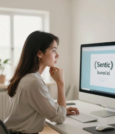 A side-profile photograph of a professional woman looking thoughtfully at a computer screen in a bright, modern studio. The room is decorated in Warm Off-White and Soft Misty Blue. The lighting is soft and natural, emphasizing a clean and focused workspace.