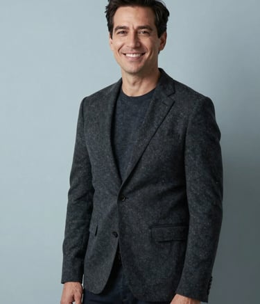 A professional portrait of a man in a Dark Charcoal blazer standing against a clean Soft Misty Blue wall. He is smiling warmly, representing a personal yet professional digital presence. The style is minimalist and high-end photography.