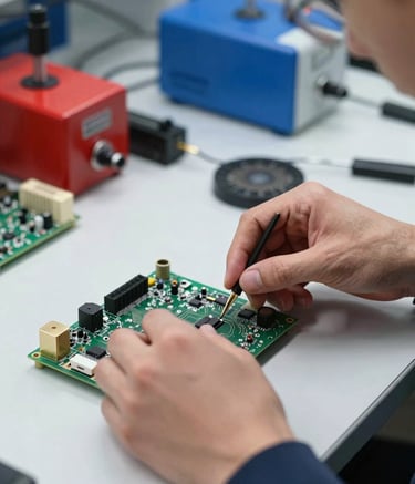 Close-up photography of a professional technician's hands delicately repairing a circuit board on a clean white workbench. The scene is set in a modern European tech workshop with soft lighting and subtle crimson red and royal blue accents in the background equipment.