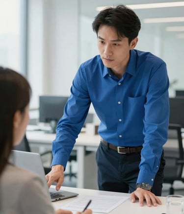 A professional IT specialist in a royal blue shirt assisting a client in a bright, modern European office. The atmosphere is professional and clean, featuring white furniture and a sense of transparency and trust.