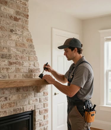 A professional chimney technician in North American / US work attire, inspecting a brick fireplace in a modern North American / US home. The room is decorated in soft cream and muted taupe. Soft natural lighting creates a warm, efficient mood.