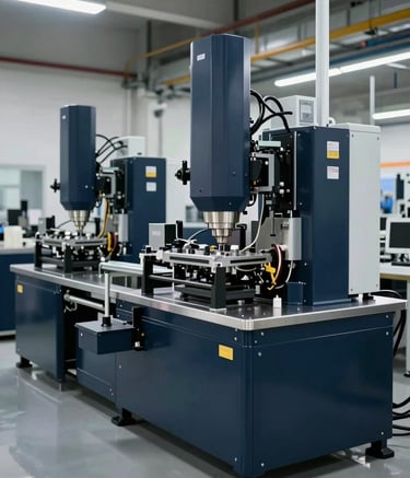 A wide-angle shot of a high-tech manufacturing floor featuring precise machinery in dark navy and steel blue. The composition is clean and efficient, reflecting a results-oriented industrial environment.