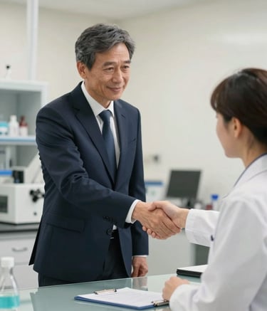 A sophisticated laboratory setting with clean lines. A professional in a dark navy suit is shaking hands with a researcher across a glass table. Soft off-white lighting emphasizes a modern, trustworthy atmosphere.