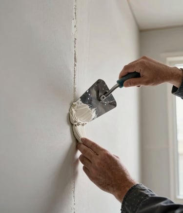 Detailed photography of a professional worker's hands using a trowel to apply drywall compound to a seam in a North American residential interior. The lighting is bright and clean, highlighting the smooth texture. Hints of grey and off-white dominate the color palette.
