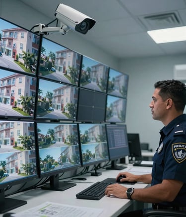 Modern security and surveillance room with a wall of monitors displaying real-time video feeds from a residential complex, a Latin American security professional in professional attire visible in profile, clean and efficient setup with soft steel-blue lighting.
