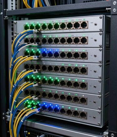 Detailed shot of high-end networking equipment and professional routers with blinking green and blue status lights, organized wiring in a clean rack, sharp focus, capturing technological reliability and speed in a modern Latin American data center.