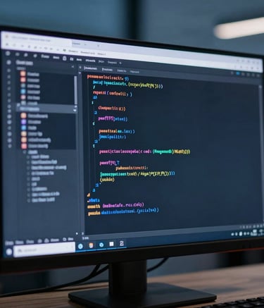 A close-up, sharp-focus photograph of a high-resolution computer monitor displaying clean, colorful lines of code in a dark mode editor. The background is a soft-focus North American office at dusk with muted blue and navy tones. Professional and technological atmosphere.