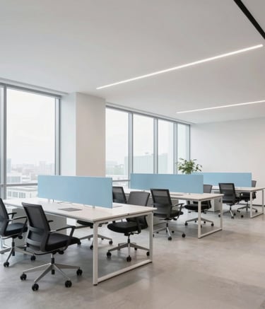 A bright, airy modern architectural shot of a minimalist North American tech office. The space features large windows, sleek ergonomic furniture, and a palette of pale blue and off-white. Professional, clean, and spacious environment.