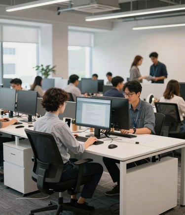A professional wide-angle photograph of a collaborative workspace in a North American tech hub. Team members are subtly blurred in the background, with a clean off-white foreground desk and light blue design accents. Bright, natural lighting.