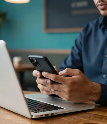 A close-up of a professional in a South American / Brazilian cafe holding a smartphone, with a laptop open on a wooden table. The lighting is bright and natural, reflecting a modern and efficient work lifestyle. The background features subtle teal and dark navy blue accents from the cafe's decor.