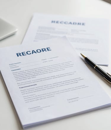 A close-up, high-quality image of organized real estate contracts and legal documents on a minimalist desk. A high-end pen sits on the papers. The color palette includes #8CA0B8 and #1E3A5F, conveying a sense of security, meticulousness, and administrative professionalism.