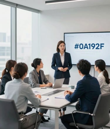 A professional and modern office meeting room with large windows, featuring a clean white table and comfortable chairs. The lighting is bright and natural. The scene includes subtle branding elements in deep blue (#0A192F) and professional staff in business attire engaged in a serious discussion, projecting trust and efficiency.