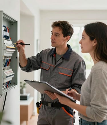 A professional electrician in high-quality North American work attire consulting with a homeowner in a bright, modern British Columbia residence. They are looking at an electrical panel, conveying trust and premium service.